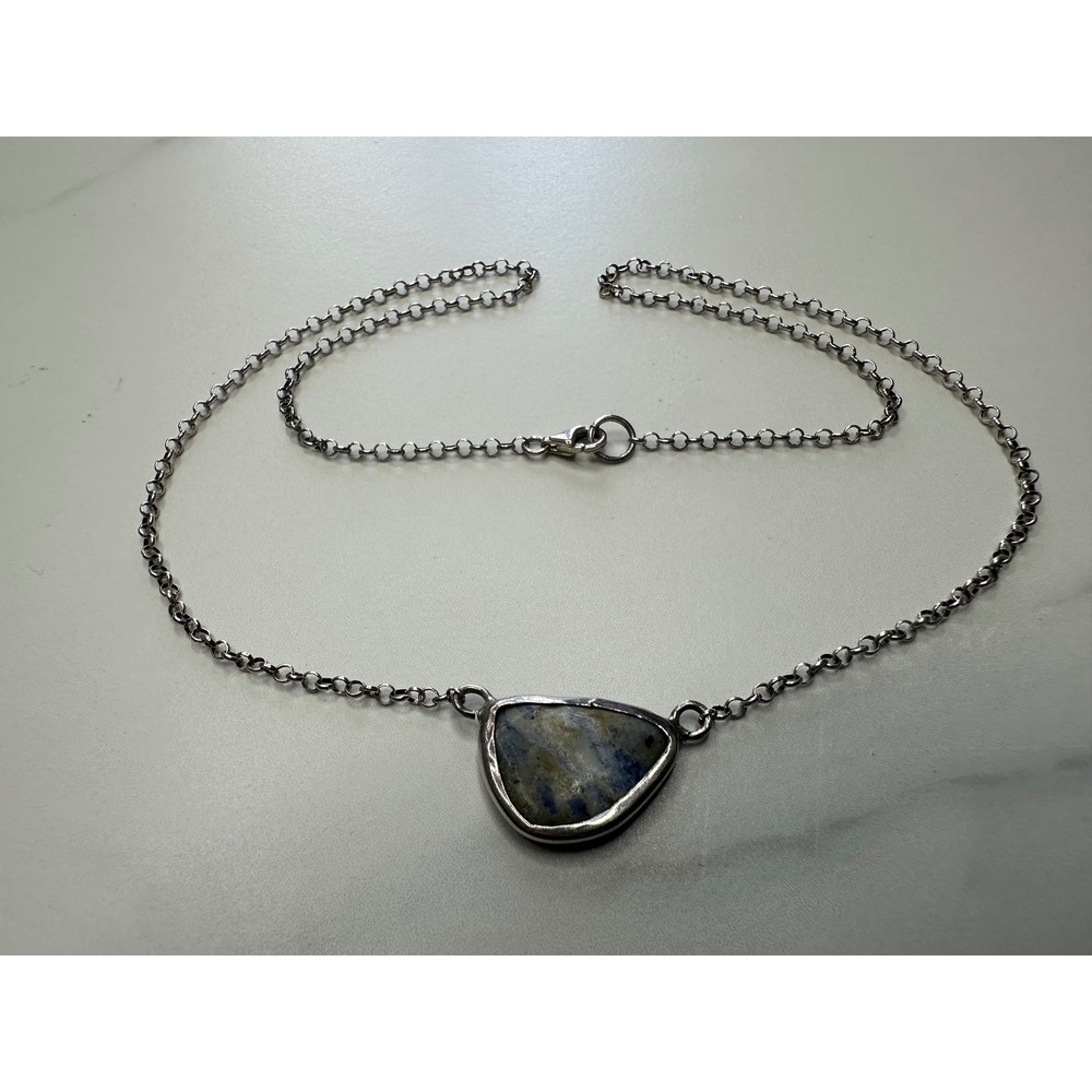 Artisan Sterling Silver 925 Sodalite Freeform Stone Pendant Rolo Chain Necklace